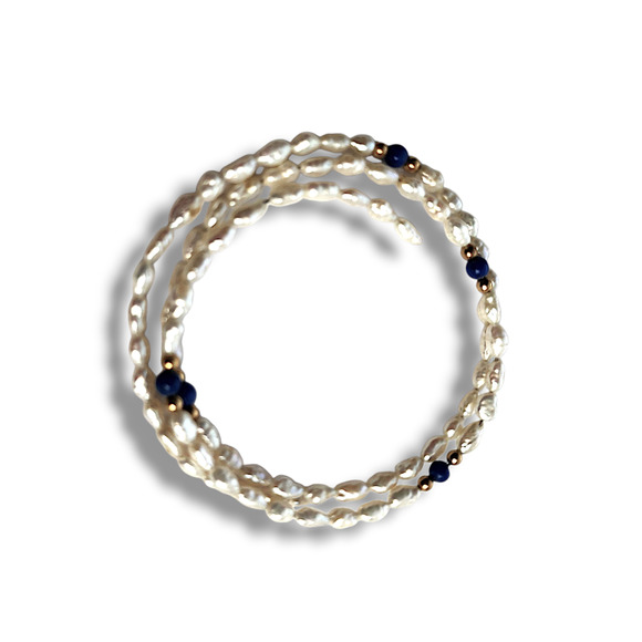 Wrap around bracelet genuine rice pearls white  Onyx gold beaded boho artisan - Picture 1 of 6